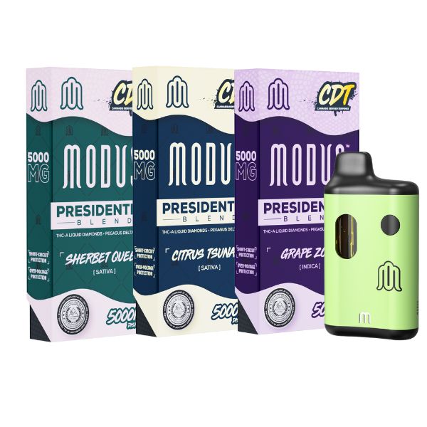 Three boxes of Modus Presidential Blend Disposable | 5g labeled Sherbet Queen, Citrus Tsunami, and Grape Zom with a green disposable vape pen.