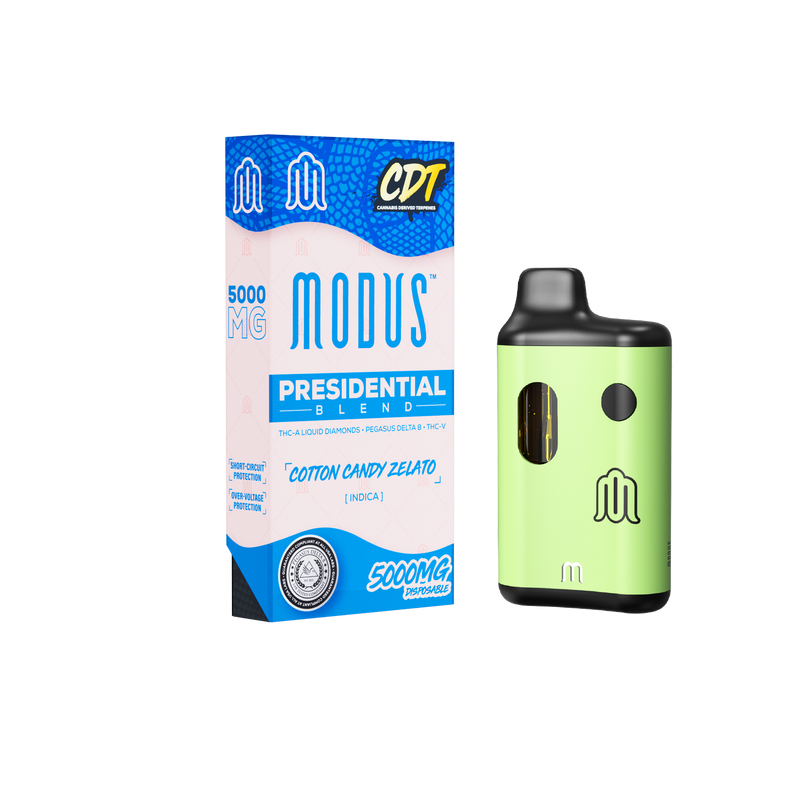 Image of a Modus Presidential Blend Disposable | 5g next to its packaging, labeled "Presidential Blend" with 5000mg of "Cotton Candy Gelato" flavor (Indica). The green and black device boasts THC-A Liquid Diamonds for an elevated experience.