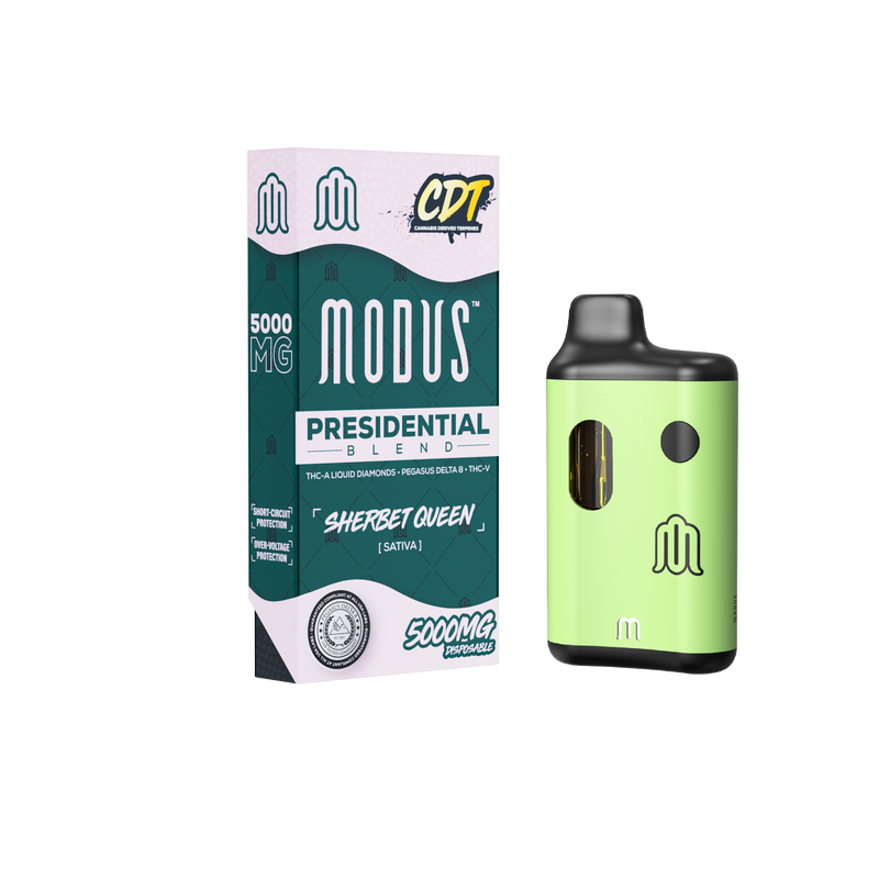 Image showing a box labeled "Modus Presidential Blend Disposable | 5g" next to a green and black disposable vape pen featuring THC-A Liquid Diamonds.