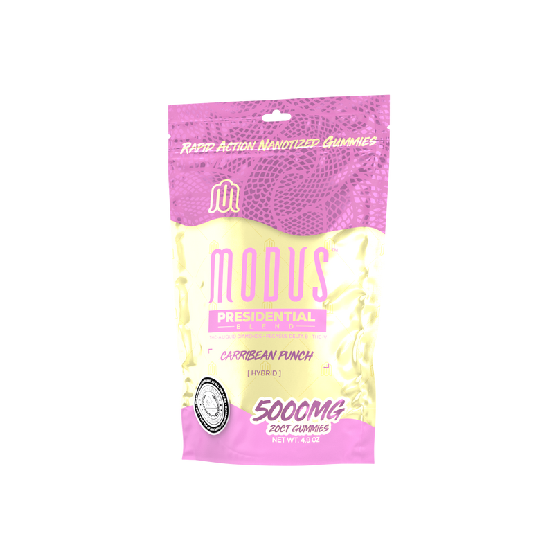 A pink and yellow package of Modus Modus Presidential Blend Gummies labeled "5000mg" and "20ct gummies." The package mentions the high THC content of its Rapid Action NanoInfused Gummies and has a seal of approval.