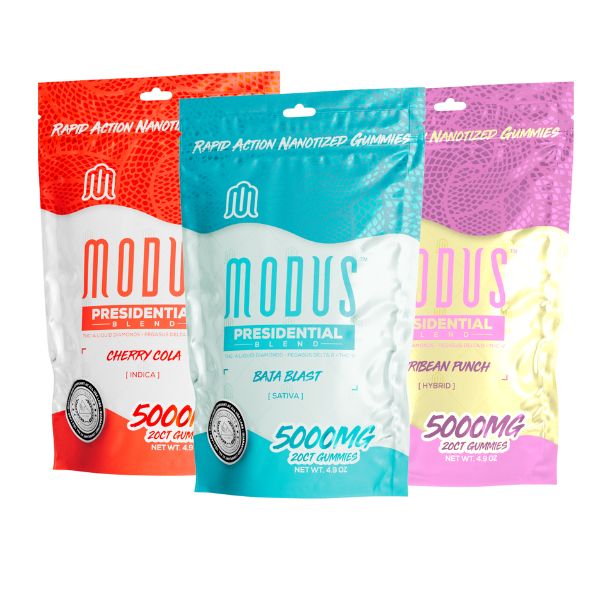 Three Modus Presidential Blend Gummies | 5000mg packages are displayed. From left to right: Cherry Cola, Baja Blast, and Caribbean Punch. Each pack contains 5000mg of THC content and 20ct Rapid Action Gummies, labeled as “Rapid Action Nanotized Gummies.”