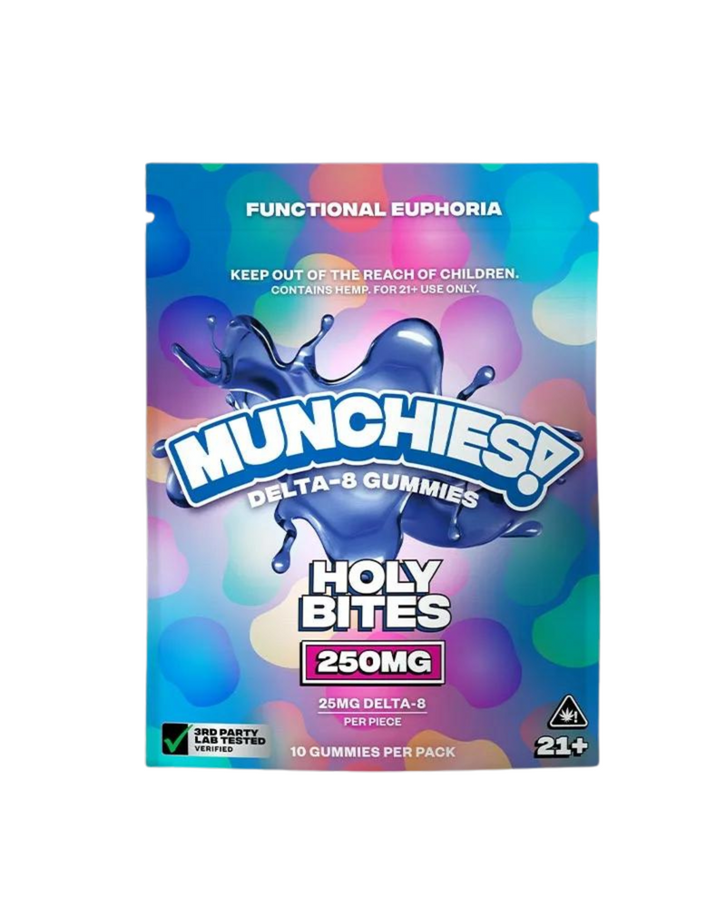 A vibrant pack of "Delta Munchies" branded "Munchies Delta 8 Holy Bites | 250mg," labeled "Holy Bites," contains 10 hemp-derived gummies, each with a potency of 25mg. The packaging indicates it's intended for users aged 21 and over and features the label "Functional Euphoria.