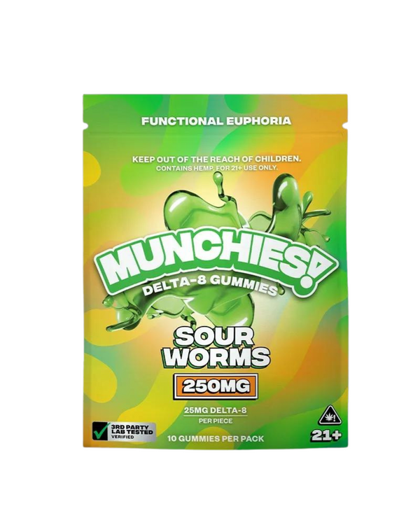 A package of Delta Munchies' Munchies Delta 8 Sour Worms, containing 250mg total (25mg per piece), features a colorful design with green accents. The product is hemp-derived and includes a disclaimer to keep out of reach of children.