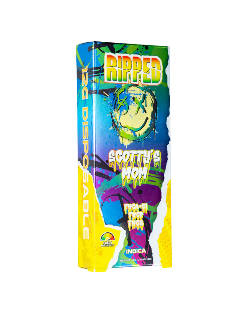 Discover the ultimate on-the-go experience with Ocho Extracts' "Ripped" disposable, featuring the "Scotty’s Mom" strain and a high-potency blend. This 12g indica product boasts vibrant packaging and showcases the quality of Ocho Extracts.