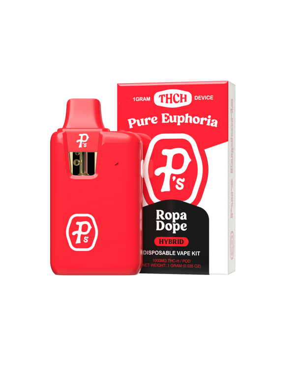 The red disposable vape device and its packaging, both labeled "Pushin P's Pure Euphoria," prominently display the Pushin P's branding. This sleek design is perfect for cannabis vaping enthusiasts seeking high-quality THC-H pods.