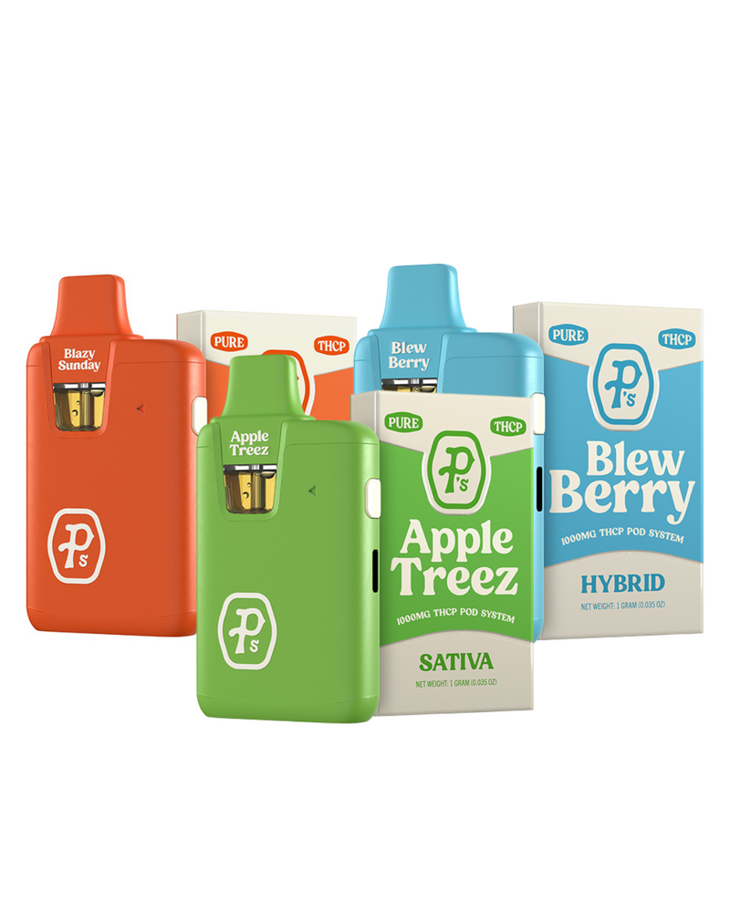 Three vibrant disposable vape pods come with distinct packaging colors: orange for "Blazy Sunday," green for "Apple Treez," and blue for "Blew Berry." Each package is crafted from US-grown hemp and labeled with "Pushin P's Pure THC-P Pod System | 1g" by Pushin P's.