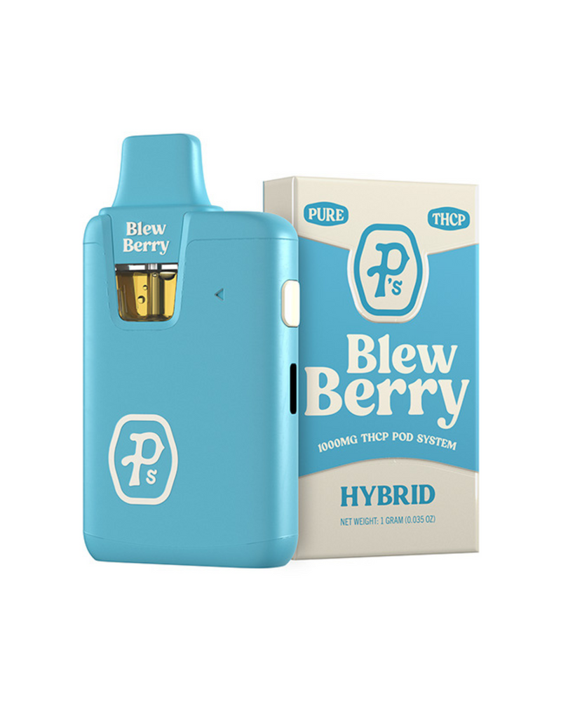 The Blew Berry vape device and box from Pushin P's, featuring the Pure THC-P Pod System | 1g, crafted from US grown hemp, is perfect for those who enjoy convenience with their disposable hybrid pods.