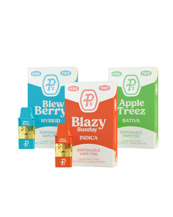 Three packages of "Pushin P's Pure THC-P Pods | 1g," individually labeled as "Blew Berry," "Blazy Sunday," and "Apple Treez," feature vividly colored pods corresponding to their respective flavors.