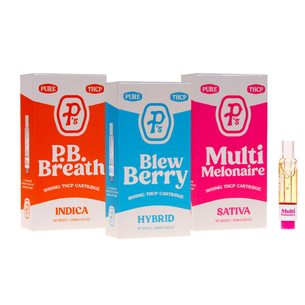 Three colorful Pushin P's Pure THC-P Vape Cartridges | 1g packages: red for P.B. Breath (Indica), blue for Blew Berry (Hybrid), and pink for Multi Melonaire (Sativa). A small vape cartridge is in front of the Sativa package, highlighting the purity of Pushin Ps THC-P.