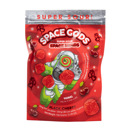 Image of Space Gods Super Sour Space Heads Gummies | 900mg package, featuring a cartoon astronaut and cherry illustrations. The package highlights 900mg Delta-9 THC per bag, 30mg per piece, and weighs 150 grams. Part of their Delta-9 gummies lineup, these are a must-try for sour candy enthusiasts.