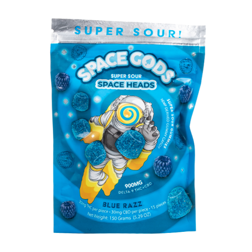 A blue package of Space Gods Super Sour Space Heads Gummies | 900mg, featuring an astronaut design, containing 150 grams of Blue Razz super sour candies infused with 900mg Delta-9 + THC + CBD.