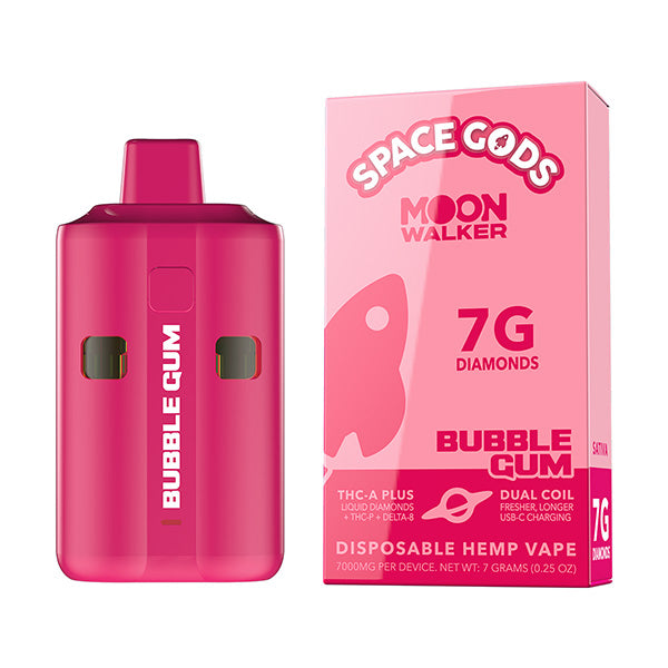 Space Gods Moon Walker Disposable | 7g in pink, labeled "Bubble Gum," contains a powerful blend of 7 grams of THCA liquid diamonds, THC-A plus, Delta 8 THC. It features a dual coil design and USB-C charging, and comes in a matching pink box with "Space Gods" branding.