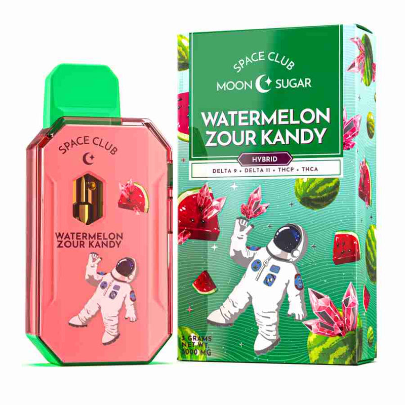 Image of Space Gods' Space Club Disposable Vape Moon Sugar | 3g product. The packaging features an astronaut and vibrant watermelon graphics. This Moon Sugar Disposable contains Delta 9, Delta 11, THCP, and THCA.