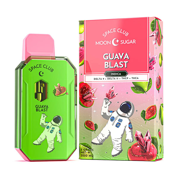 A green vape device and pink packaging labeled "Space Club Disposable Vape Moon Sugar | 3g," featuring an astronaut and guava fruits. The packaging also highlights Delta 9, Delta 11, THCP, and THCA. Discover the stellar experience of Space Gods Moon Sugar Disposables.