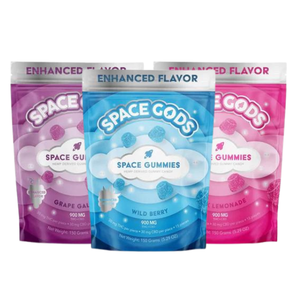 Three packets of "Space Gods Mega Dose Gummies | 900mg" with enhanced flavor are displayed. These Delta 9 gummies come in Grape Galaxy, Wild Berry, and Pink Lemonade flavors. Each packet contains 10 pieces and 900 mg for a Mega Dose Gummies experience.