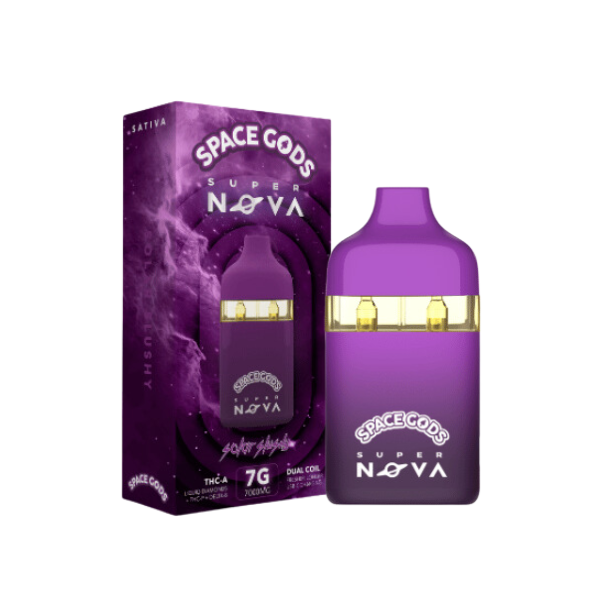 Purple "Space Gods Super Nova THCA Disposable | 7g" vape with box packaging featuring cosmic design elements, infused with Delta 8 THC and third-party tested for quality.