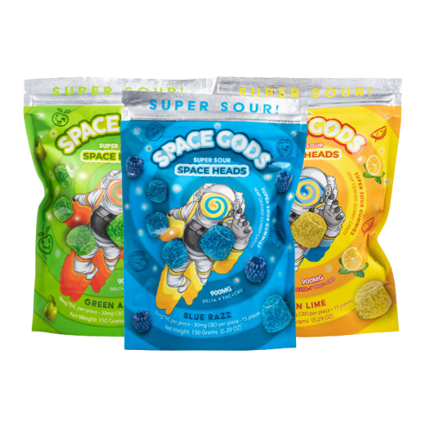 Three packs of Space Gods Space Gods Super Sour Space Heads Gummies | 900mg in different flavors: Green Apple, Blue Razz, and Lemon Lime. Featuring vibrant packaging and illustrations, these Delta 9 gummies offer a tangy twist for your taste buds by Space Gods.