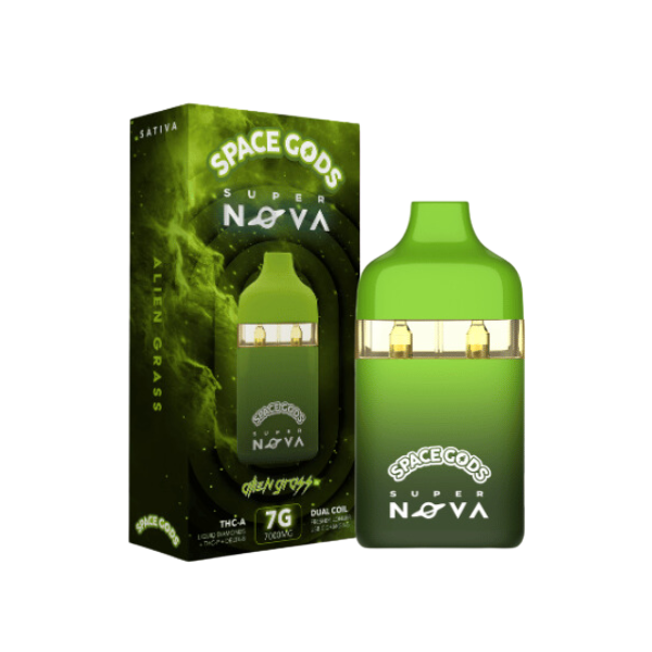 Green packaging for Space Gods Super Nova THCA Disposable | 7g featuring the image of the vape device. Text indicates 7 grams and 7000 mg. The Space Gods THCA Liquid Diamonds are third-party tested for quality assurance.