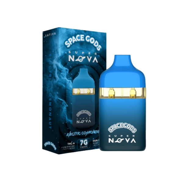 A blue, compact vaporizer labeled "Space Gods Super Nova THCA Disposable | 7g" with its packaging featuring a space theme. The packaging includes details like "Sativa," "Electric Cosmic Cookies," and "7G Zombi." Infused with Space Gods THCA Liquid Diamonds and third-party tested for quality assurance.