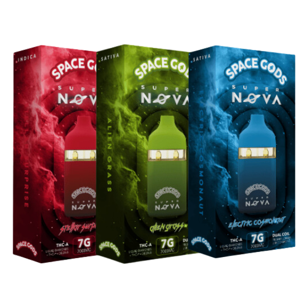 Three Space Gods Super Nova THCA Disposable | 7g vape product boxes in red, green, and blue colors named "Surprise," "Alien Grass," and "Electric Cosmonaut." Each box, third-party tested and containing 7 grams of Delta 8 THC-A dual coil, ensures a premium experience.