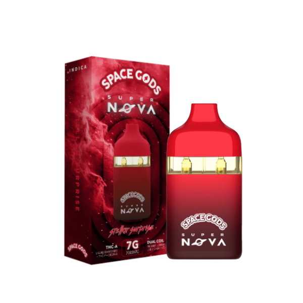 The Space Gods Super Nova THCA Disposable | 7g in red with dual coils, alongside its matching red packaging box, delivers a premium experience with Delta 8 THC and is third-party tested for quality assurance.