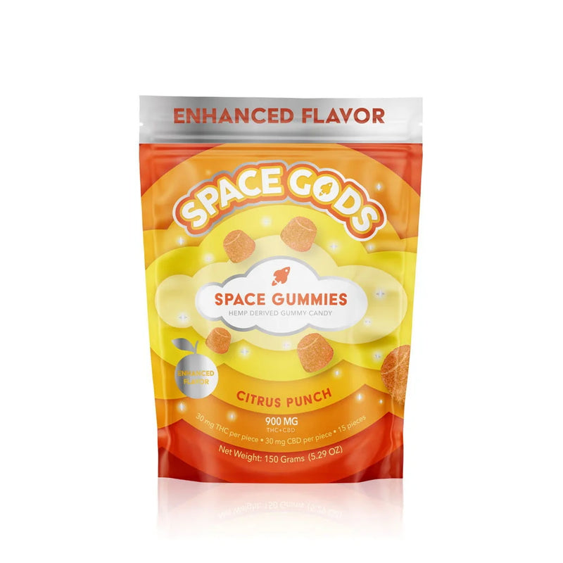 A bag of Space Gods Space Gods Mega Dose Gummies | 900mg, citrus punch flavored, with a net weight of 150 grams. Each gummy contains 20 mg THC for a powerful experience.