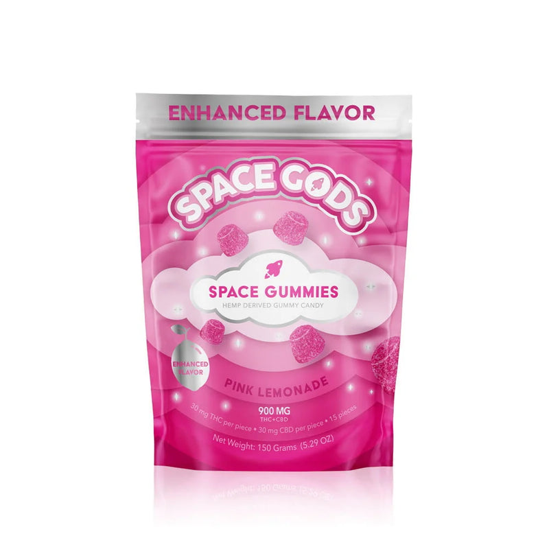 A bag of Space Gods brand Space Gods Mega Dose Gummies | 900mg in pink lemonade flavor, with "Enhanced Flavor" on the top and 900 mg in the bottom center, 150 grams total weight.