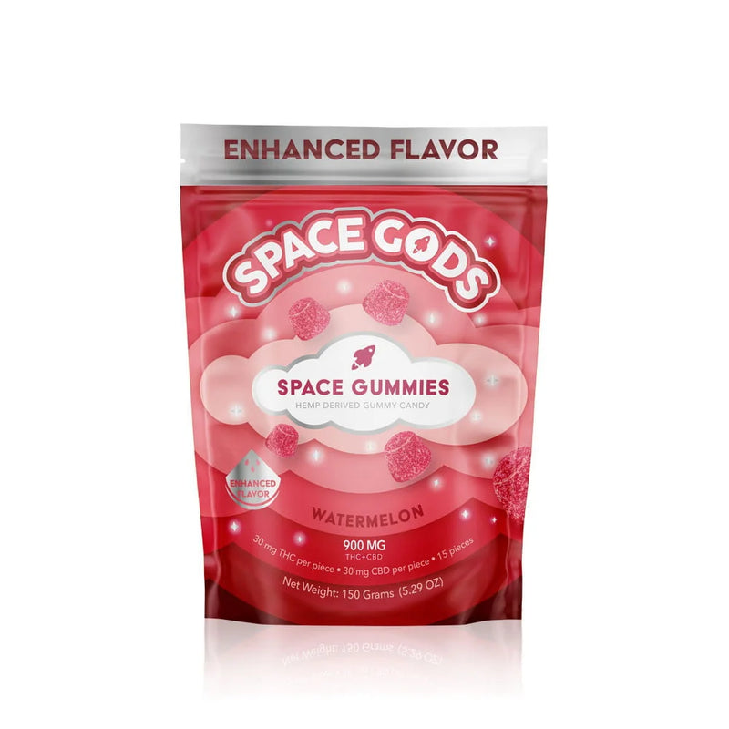 A red and white package of Space Gods brand Space Gods Mega Dose Gummies | 900mg. The label indicates it contains watermelon-flavored, hemp-derived Delta 9 gummies, with 900 mg total content. The net weight is 150 grams (5.29 oz).