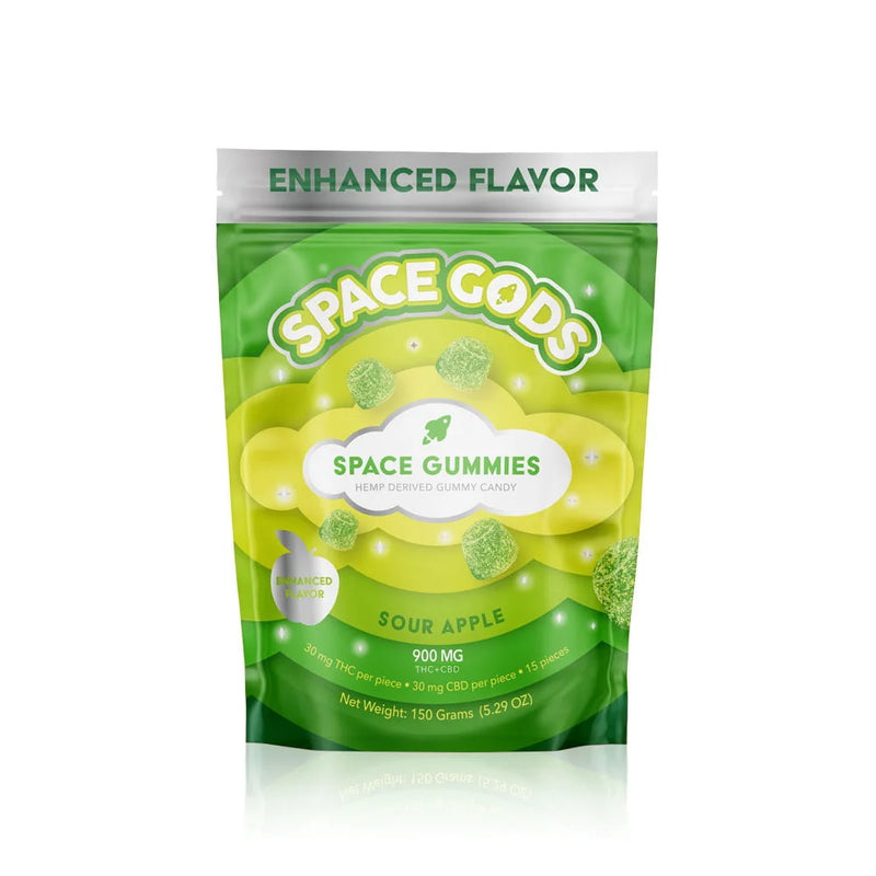 A green and white package of Space Gods Mega Dose Gummies | 900mg by Space Gods. The package states it contains 900 mg, with 30mg per piece, and is enhanced with flavor. Infused with Delta 9 THC, the net weight is 150 grams (5.29 oz).