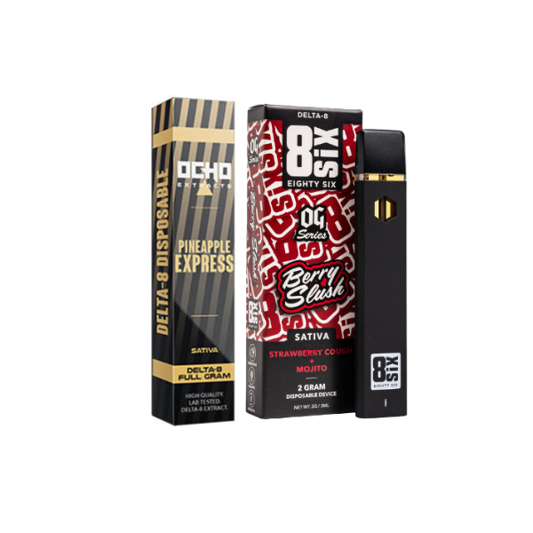 Three THC vape packages—Ocho Extracts Pineapple Express, Eighty Six Berry Slush, and Strawberry Cough Mojito—are displayed alongside a single black Delta 8 Disposable vape device from the Starters Choice THC Vape Bundle (2 pack) by Everyday Delta.