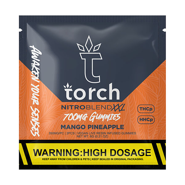 Orange and black package of Torch Nitro Blend XXL 700mg Gummies | 2ct, made with live resin, containing 700 mg THC and HHC. Includes a high dosage warning and instructions to keep out of children’s reach.