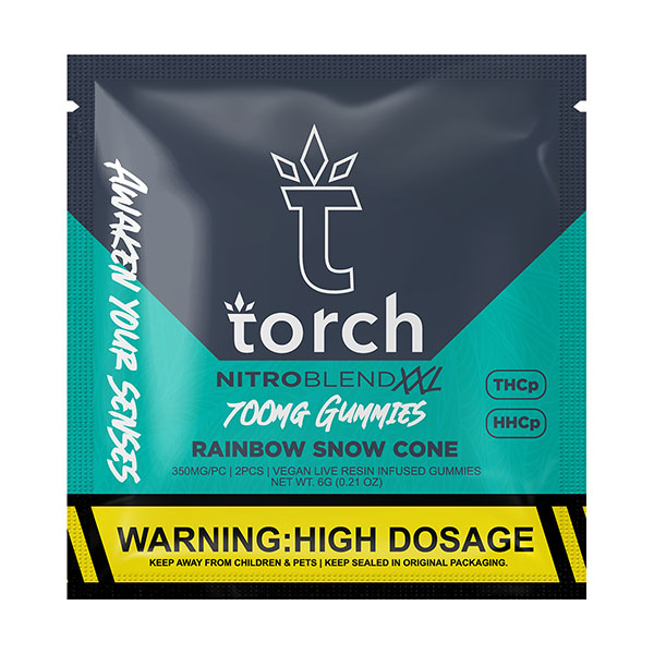 A package of Torch Nitro Blend XXL 700mg Gummies | 2ct labeled with 700mg THC + HHC and a warning for high dosage. Made with live resin, the image includes Torch branding, vegan certification, and safety instructions.