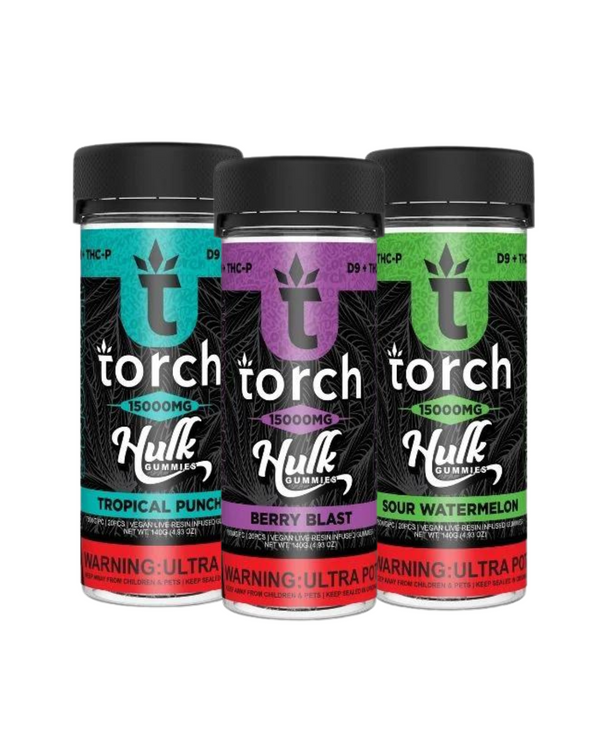 Three Torch Live Resin Hulk Gummies | 15,000mg containers from Torch are displayed. Flavors include Tropical Punch, Berry Blast, and Sour Watermelon. The label indicates 1500mg Delta 9 & THCP with an ULTRA POTENT warning.