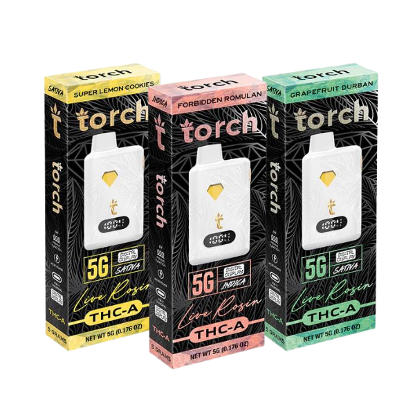 Torch brand THCA Live Rosin Disposable | 5g vape cartridges, available in black, pink, and green packaging with natural terpenes, come in the flavors: Super Lemon Cookies (sativa), Forbidden Romulan (indica), and Grapefruit Durban (sativa).