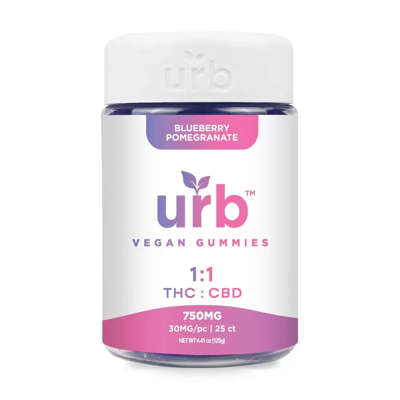 A jar of Urb 1:1 THC CBD Gummies with blueberry pomegranate flavor promises an uplifted and euphoric experience. Each gummy contains 30mg, contributing to a total of 750mg. The package holds 25 calming and relaxing vegan gummies, ensuring a perfect balance in every bite.