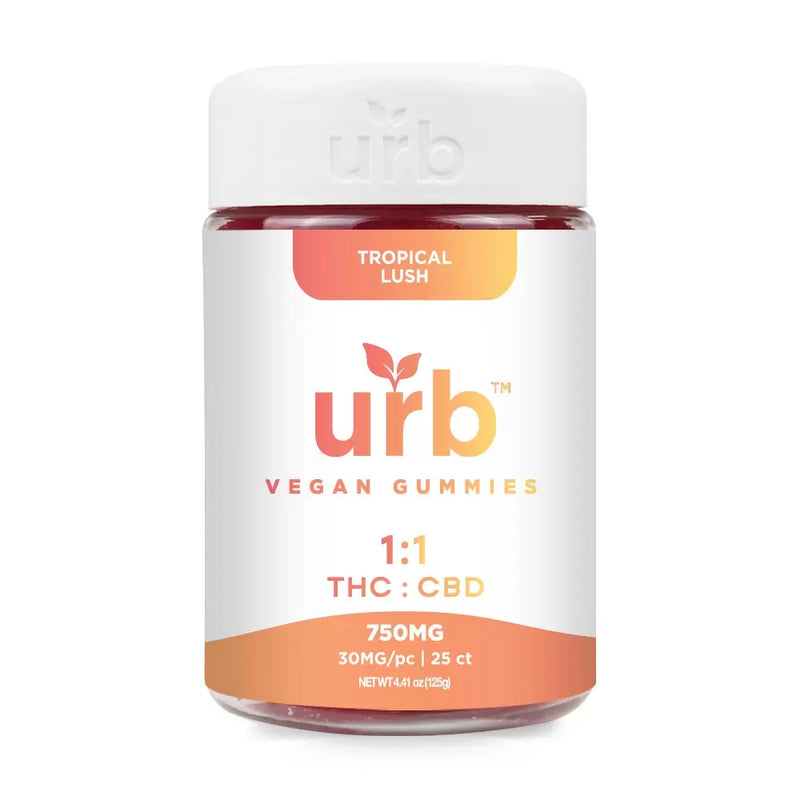 A bottle of Urb 1:1 THC CBD Gummies labeled "Tropical Lush" contains 25 calming and relaxing pieces with a ratio of 1:1 THC to CBD, offering 30mg per piece and totaling 750mg.