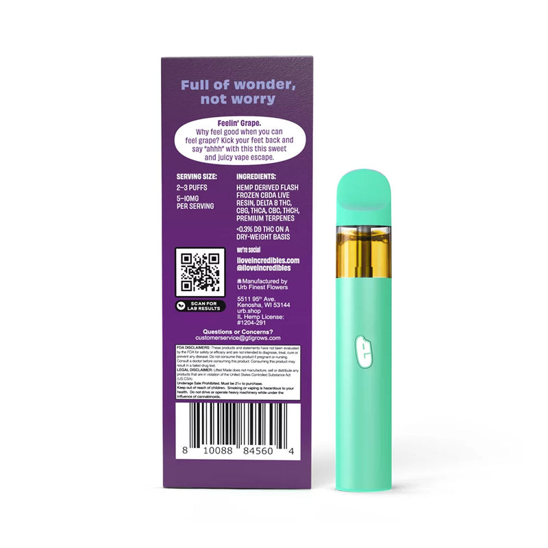 Image of a product box with text descriptions and a teal-colored Urb x Incredibles Disposable Vape | 3g. The box lists nutrition facts, ingredients, and serving sizes, with the tagline "Full of wonder, not worry" at the top.