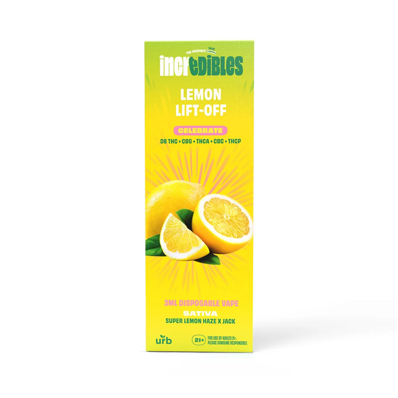 Packaging of "Urb x Incredibles Disposable Vape | 3g" in "Super Lemon Haze × Jack" flavor. The box features images of lemon halves and green leaves on a yellow background, highlighting its rich blend of cannabinoids and terpenes. Co-branded with Urb for a superior experience.