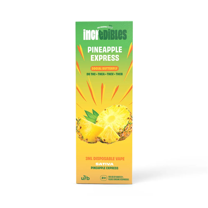 A yellow and green box of Urb x Incredibles Disposable Vape | 3g by Urb, labeled with various THC compounds, cannabinoids and terpenes, and pineapple graphics. It indicates the product is a Sativa disposable vape.