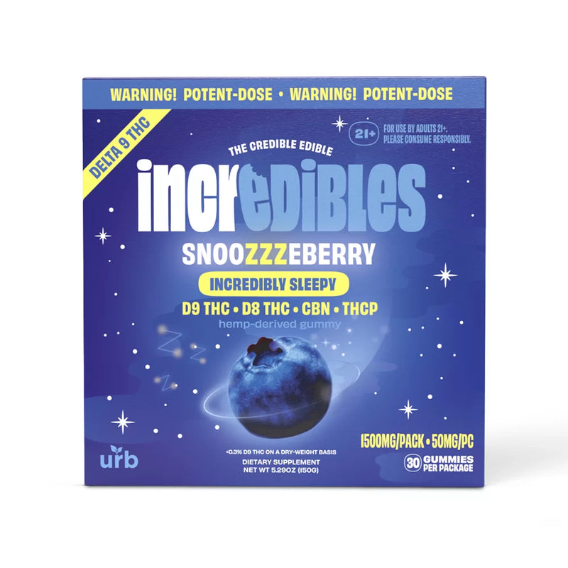 A blue box labeled "The Credible Edible, incredibles Snoozzeberry, Incredibly Sleepy" contains 30 vegan gluten free gummies with D9 THC, D8 THC, CBN, and THCP. The Urb x Incredibles THC Gummies | 1500mg warn of a potent dose with 1500mg total THC content.