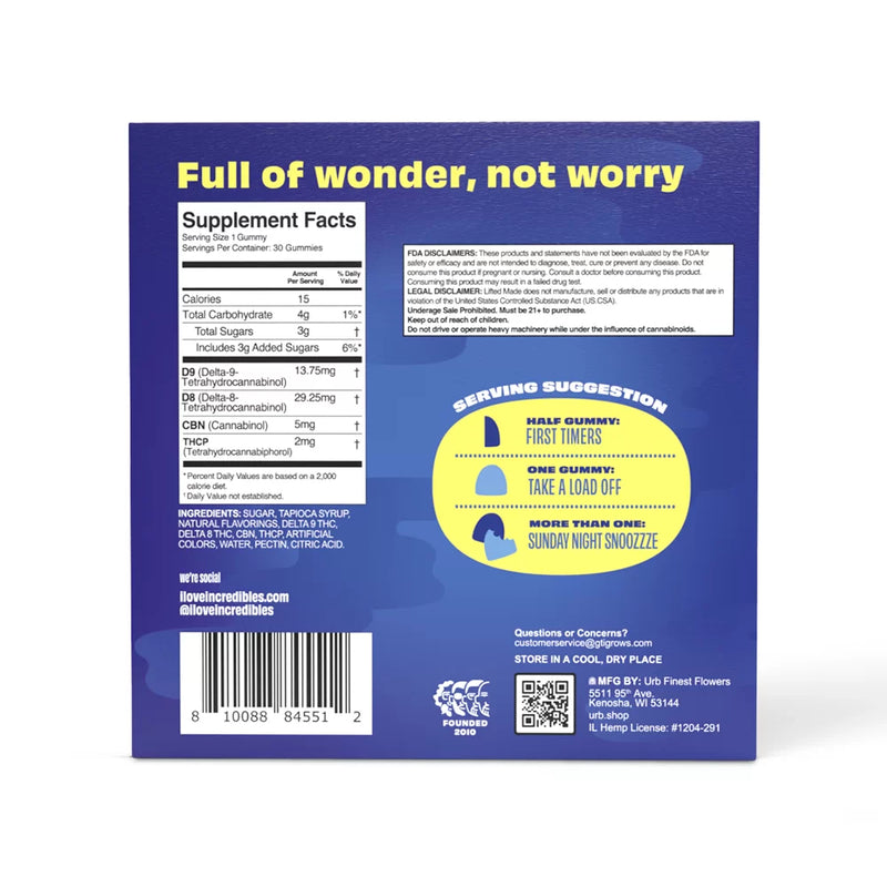 Back of a supplement box titled "Full of wonder, not worry," featuring supplement facts, ingredients, usage instructions, regulatory information, barcode, and storage recommendations. Introducing Urb Urb x Incredibles THC Gummies | 1500mg—vegan and gluten-free for your peace of mind.