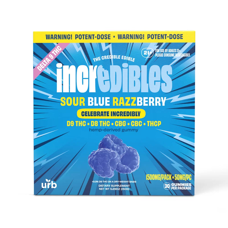 A colorful box of "Urb x Incredibles THC Gummies | 1500mg" by Urb. Contains 1500mg total THC content, including Delta-9, D8, D8 THCO, CBG, CBC, THCP with 30 vegan gluten-free gummies per pack each 50mg dosage. Label warns of potent dose.