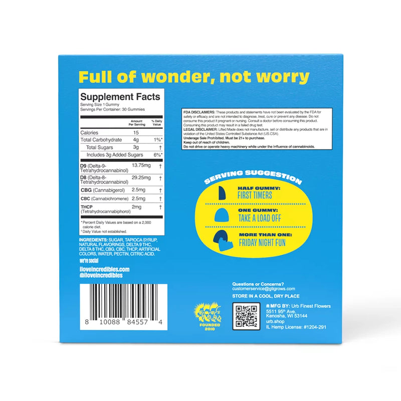 Package back of Urb x Incredibles THC Gummies | 1500mg showing supplement facts, usage directions, and company information. Text at the top reads "Full of wonder, not worry." These vegan gluten free gummies are perfect for mindful indulgence.