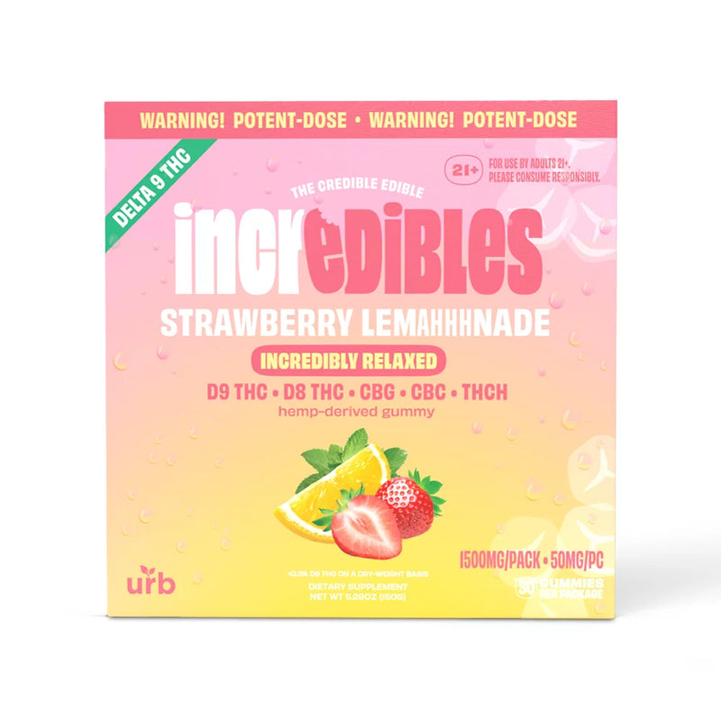 A product box labeled "Urb x Incredibles THC Gummies | 1500mg" with various details including "Incredibly Relaxed" and showing fruit images on a gradient pink to orange background. Contains 30 vegan gluten free gummies with 1500mg total THC content.