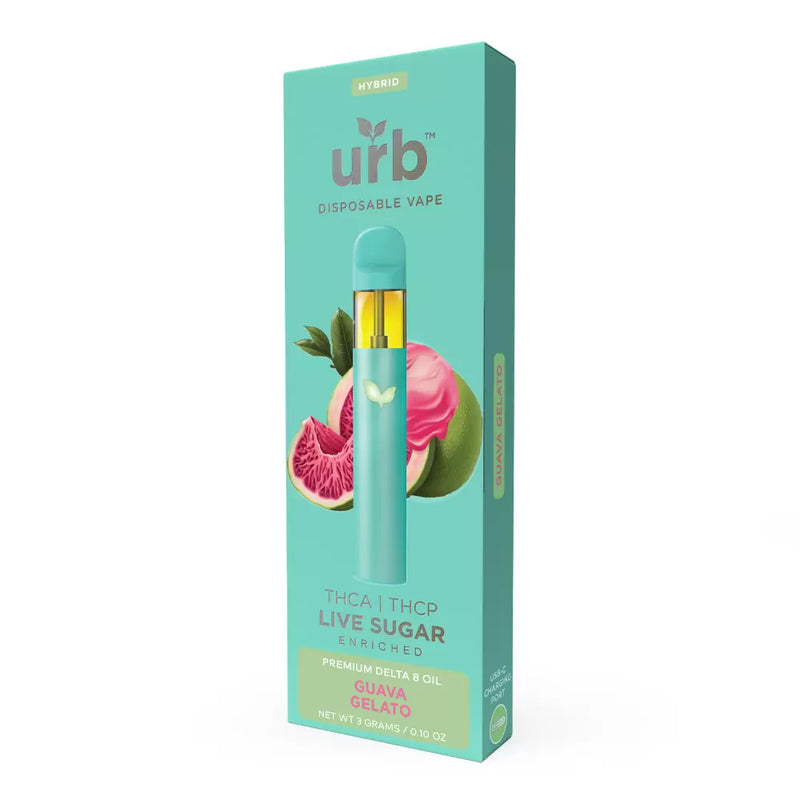 Image of a teal box packaging for an Urb THCA Live Sugar Disposable | 3g in Guava Gelato flavor. The box features colorful guava and gelato images, and text indicating it is a hybrid with Delta 8 THC, Live Sugar THCA, and THCP.