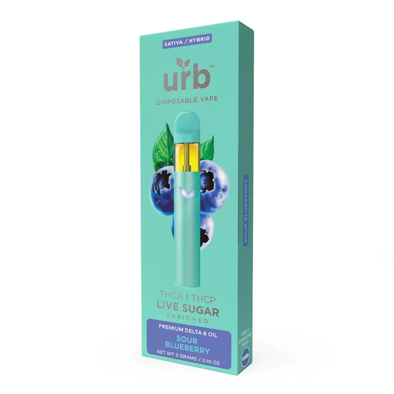 Image of a disposable vape pen in a blue-green package labeled "Urb THCA Live Sugar Disposable | 3g," featuring images of blueberries and noting it contains 3 grams of premium Delta 8 THC oil.