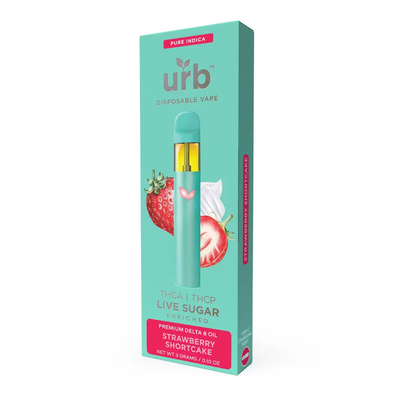 Image of a teal-colored disposable vape pen packaged in a box labeled "Urb" with flavors indicated as "Strawberry Shortcake." The box also highlights "THCA | THCP" and "Live Sugar," adding that the product contains Delta 8 THC. The product name is Urb THCA Live Sugar Disposable | 3g.