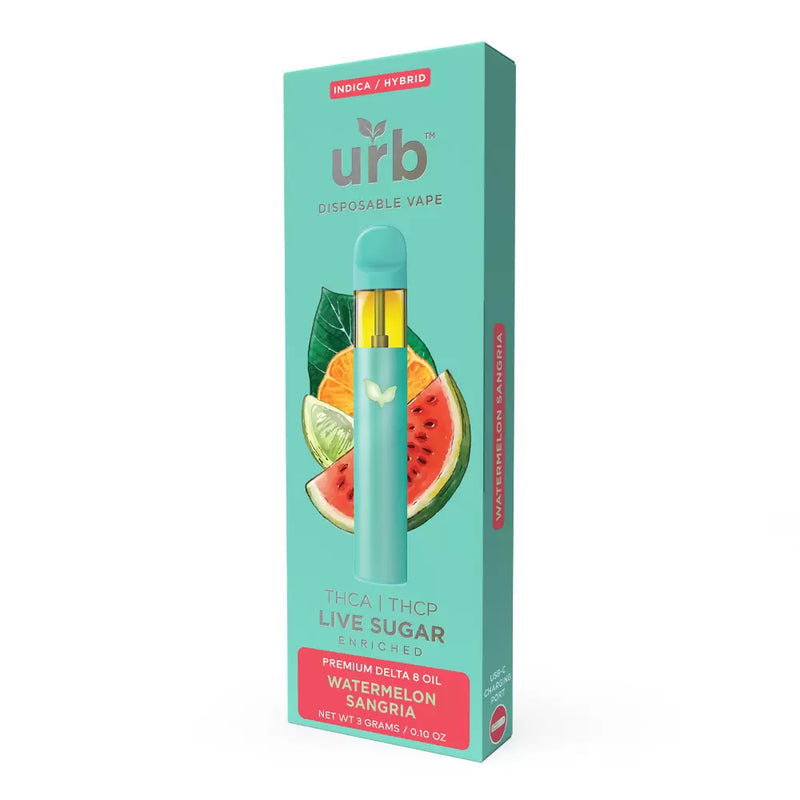 Image of a light green disposable vape pen infused with Delta 8 THC and filled with yellow juice, standing next to its matching packaging that reads "Urb THCA Live Sugar Disposable | 3g" and depicts watermelon slices.