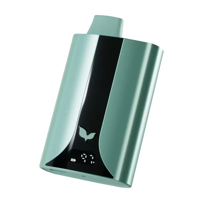 A sleek, metallic green electronic device with a digital display, resembling a vaporizer, featuring a black central panel with a leaf logo and designed for use with Live Resin Extract: Urb Smart Device THCA | THCP Disposable | 6g by Urb.