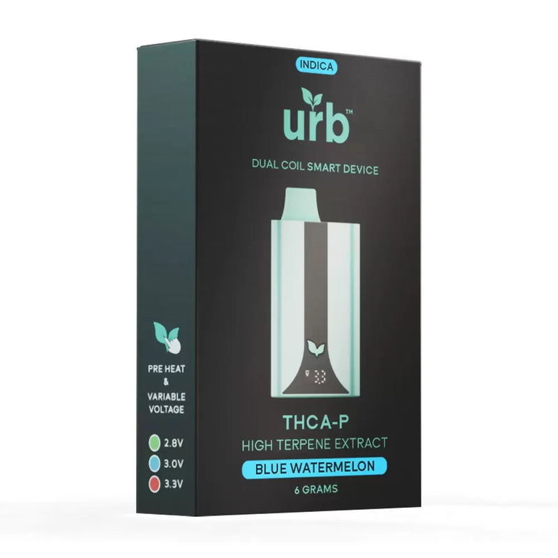 Packaging of an Urb Smart Device THCA | THCP Disposable | 6g, labeled as "Blue Watermelon" flavor, Indica type, with 6 grams content. Enhanced with Delta 8 THC, it features voltage options of 2.8V, 3.0V, and 3.3V for a customizable experience.